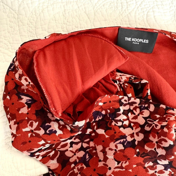The Kooples Red Floral Long Sheer Sleeve Mini Wrap Dress Womens Size 0 Paris - Picture 13 of 16